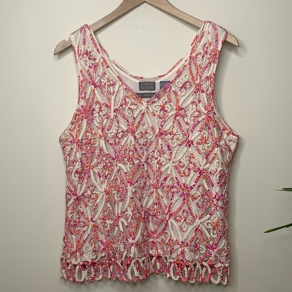 Sigrid Olsen Pink White Silk Lined Hand Knit Woven Beaded V Neck Camisole Top L - Picture 1 of 17
